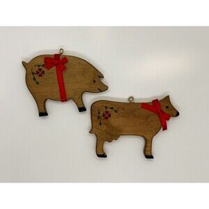 Vintage Ornament Set Wood Farm Animals Pig Cow Folk Country Primitive Western